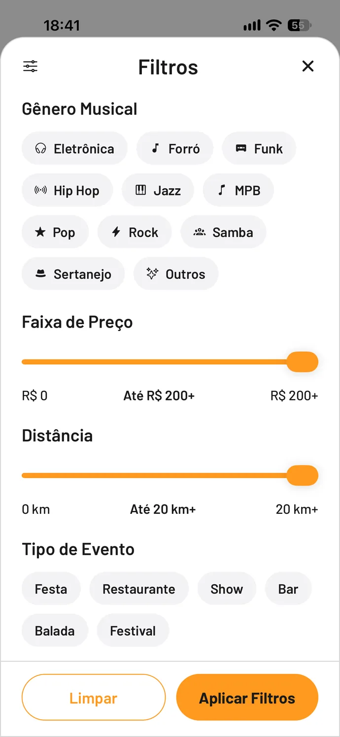Tela de filtros do Salute com gêneros musicais, faixa de preço, distância e tipo de evento