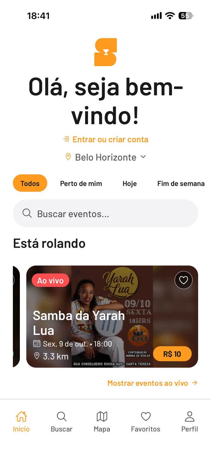 Tela inicial do Salute com a seção Está rolando e um evento ao vivo