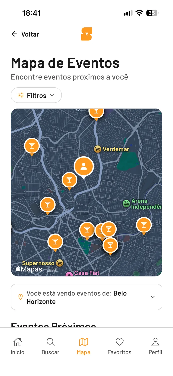 Mapa de eventos do Salute com vários rolês marcados em Belo Horizonte